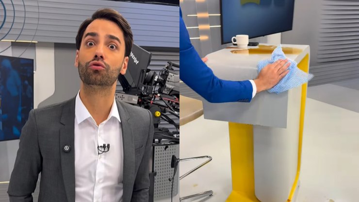 Apresentador da Globo derruba café na bancada e vídeo viraliza
