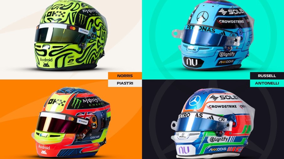 Capacetes de Norris, Piastri, Russel e Antonelli