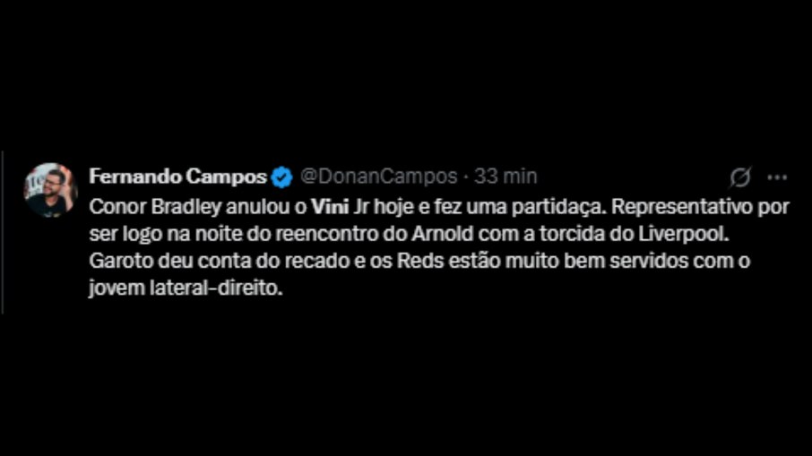 Comentarista elogia lateral do Liverpool em confronto com Vini Jr.