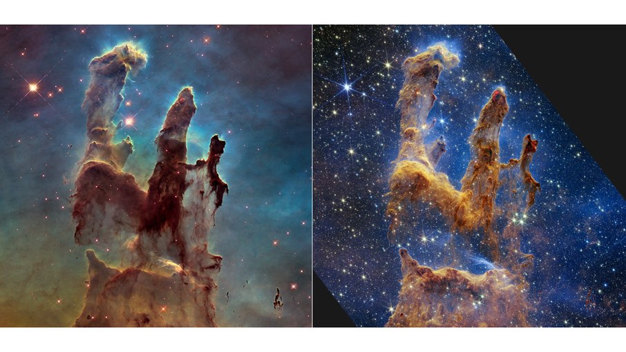 À esquerda, a imagem capturada pelo Hubble, e à direita, o registro do James Webb