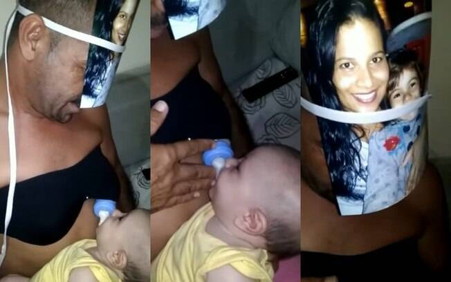 O pai viu que a solução era tentar 'amamentar' o bebê como a mãe e usou um top para prender a mamadeira