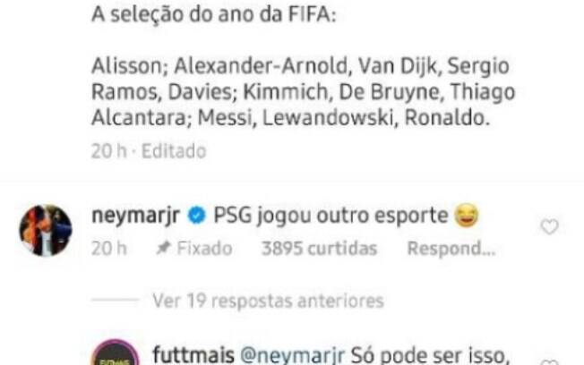Neymar comentou no Instagram sobre a seleção dos melhores da Fifa