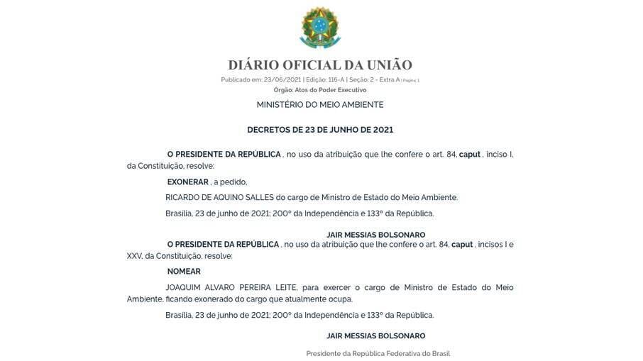 Exoneração de Salles e nomeação de Leite foi publicada no Diário Oficial
