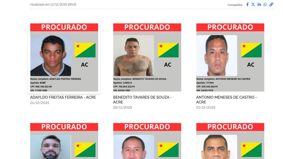 Lista com os oito criminosos mais procurados de cada estado já está disponível no site oficial do Governo Federal.