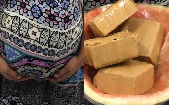 Mulher utilizava melancia para fingir gravidez e transportar cocaína. Ela foi presa em flagrante por tráfico de drogas.