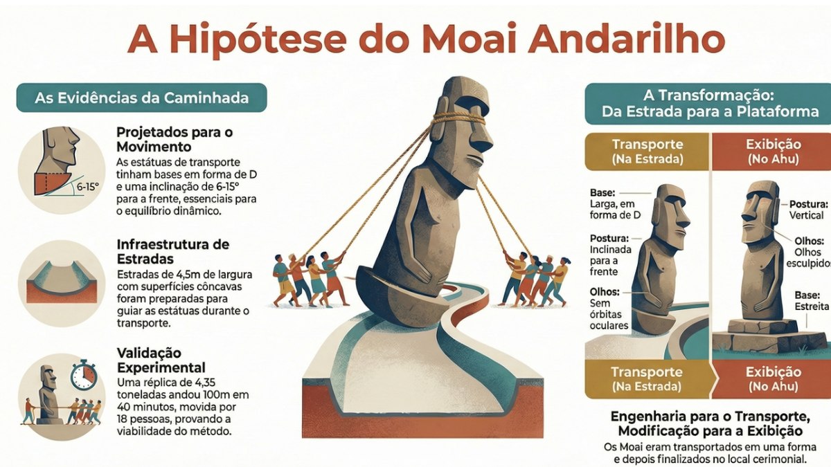 Infográfico resume a hipótese de que os moai foram projetados para serem transportados em posição vertical