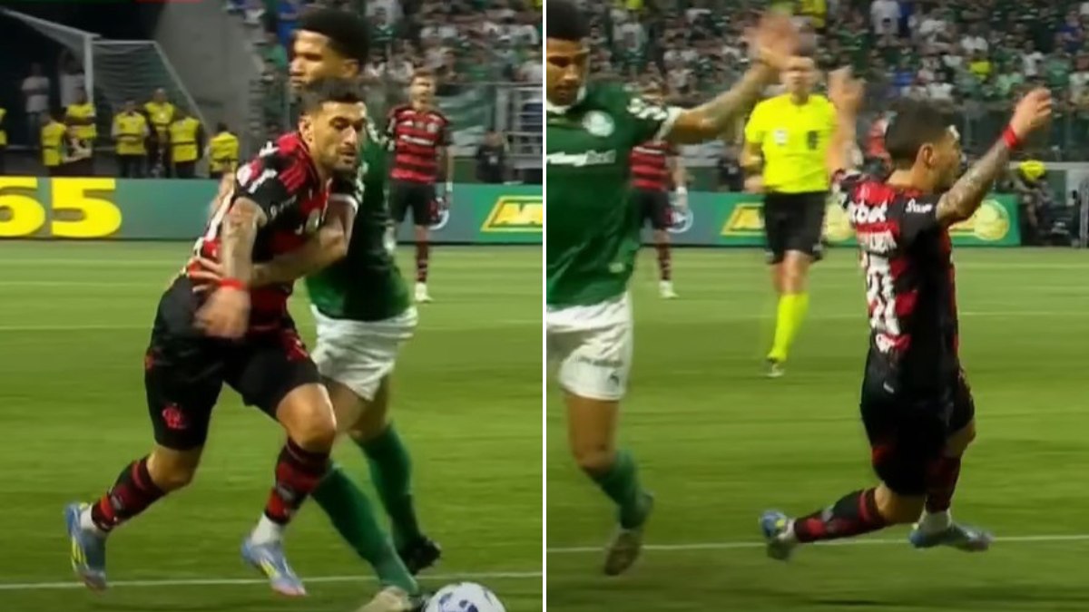 Pênalti cometido por Murillo em Arrascaeta, no primeiro turno do Brasileirão de 2025 Pênalti cometido por Murillo em Arrascaeta, no primeiro turno do Brasileirão de 2025