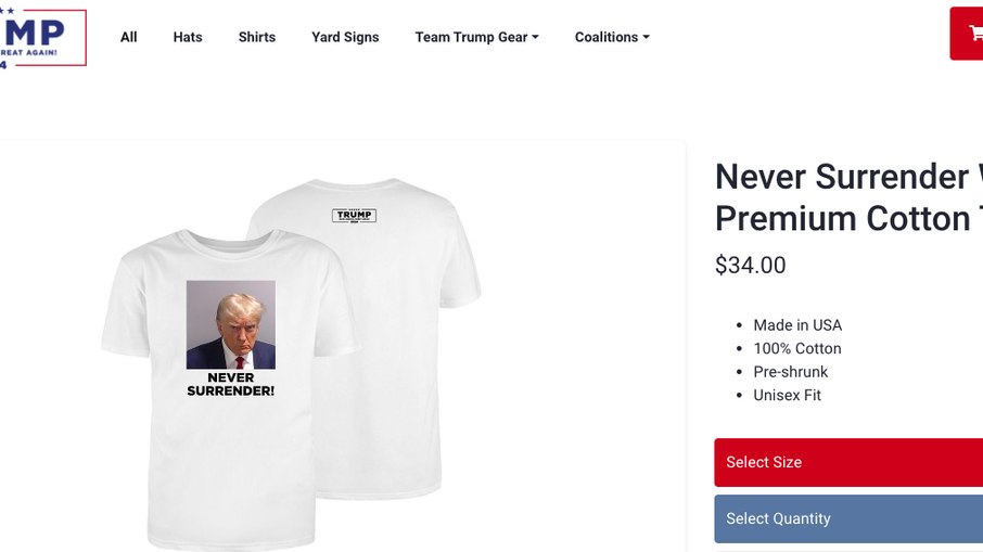 Site da campanha de Trump vende camisetas com a foto dele tirada na cadeia