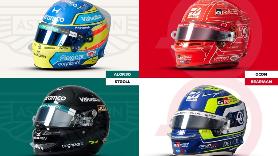 Capacetes de Alonso, Stroll, Ocon e Bearman