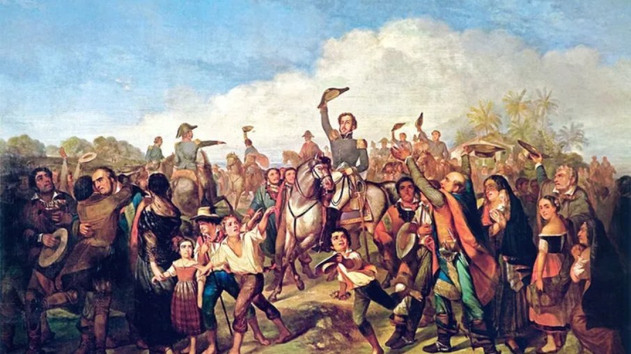 Pintura de François-René Moreau retrata d. Pedro declarando a independência em meio ao povo.