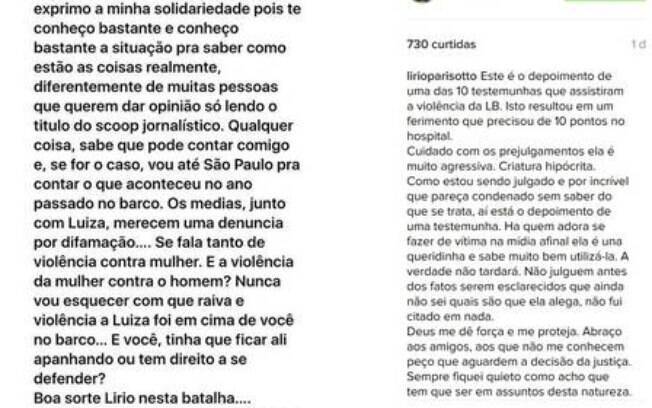 Lírio Parisotto fez relato no Instagram sobre agressão que teria sofrido de Luiza Brunet