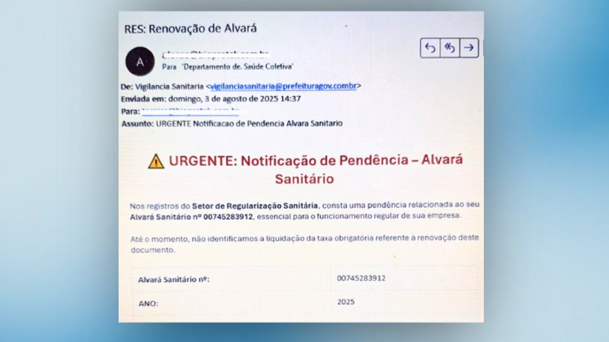 Conteúdo alega tratar-se de cobrança obrigatória para a renovação do alvará sanitário Conteúdo alega tratar-se de cobrança obrigatória para a renovação do alvará sanitário