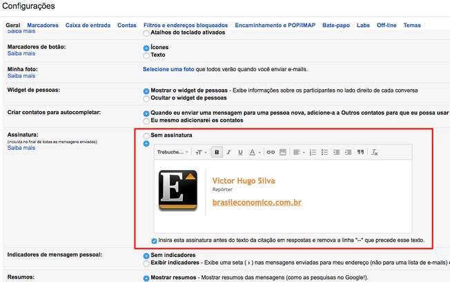 Campo de texto permite alterar, rapidamente, as informações que serão exibidas em sua assinatura do Gmail