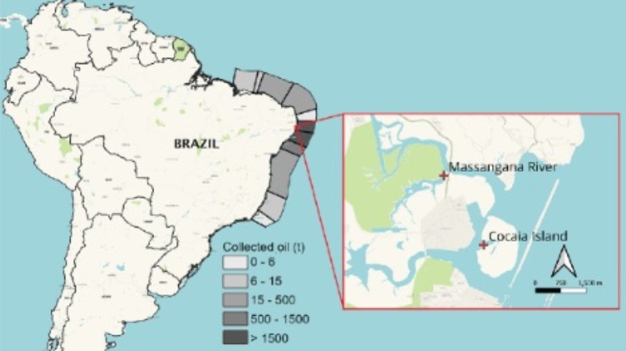 Extensão e quantidade petróleo derramado no litoral brasileiro em 2019 e a posição da Ilha de Cocaia onde foram encontrados os mutantes Extensão e quantidade petróleo derramado no litoral brasileiro em 2019 e a posição da Ilha de Cocaia onde foram encontrados os mutantes