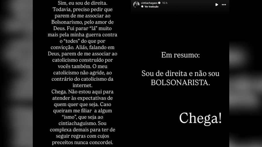 Cíntia Chagas rejeita rótulos e nega vínculo com bolsonarismo Cíntia Chagas rejeita rótulos e nega vínculo com bolsonarismo