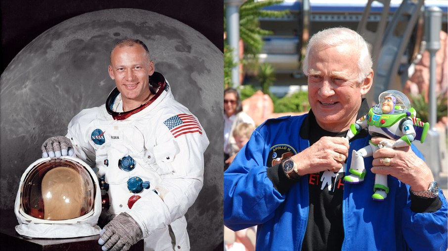 Buzz Aldrin, segundo homem a caminhar na Lua, em retrato oficial da Apollo 11 e décadas depois, mantendo viva a memória da exploração espacial.
