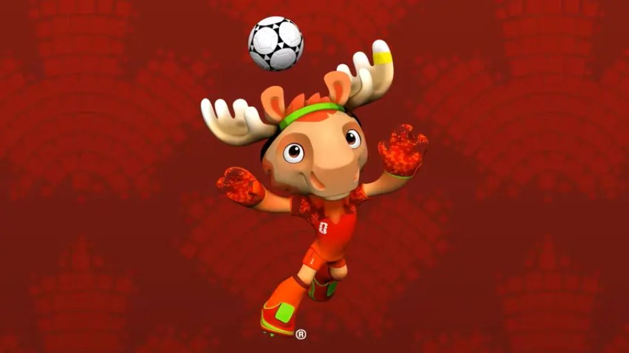 Maple, o alce goleiro que representa o Canadá.