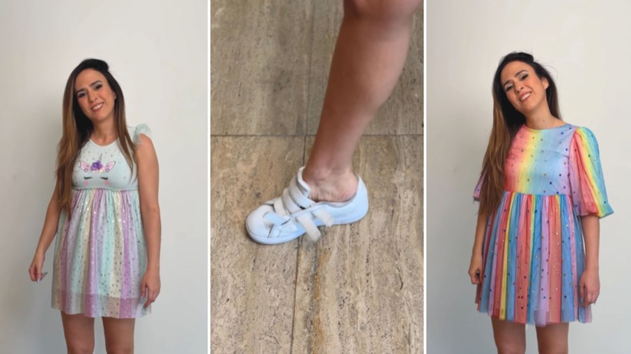 Tata Werneck diverte web ao usar roupas da filha de 5 anos Tata Werneck diverte web ao usar roupas da filha de 5 anos