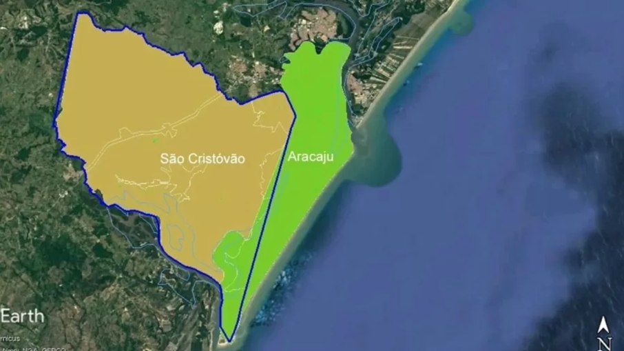 Área em azul mostra o território de São Cristóvão em conflito com o marcado por Aracaju, no Sergipe