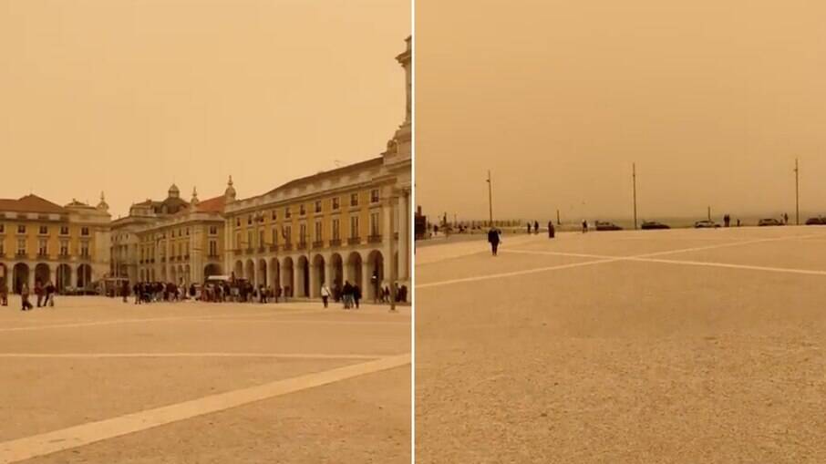 Imagens mostram a Praça do Comércio, em Lisboa, tomada pela nuvem de poeira