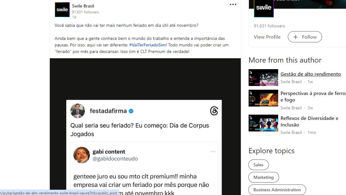 Empresa publicou no Linkedin após funcionária se declarar 'CLT Premium'