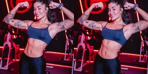 Aline Campos mostra abdômen trincado após treino intenso de bicicleta