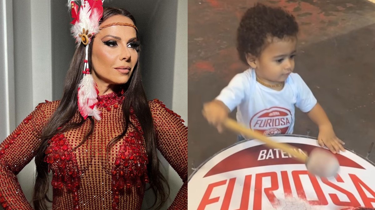 Viviane Araujo e o filho Joaquim na escola de samba Salgueiro