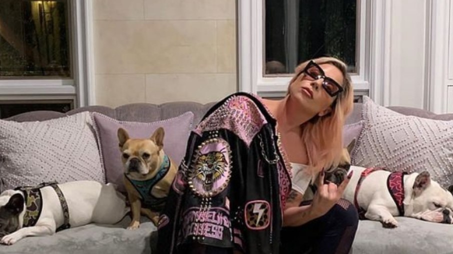 Lady Gaga ao lado de seus cachorros 
