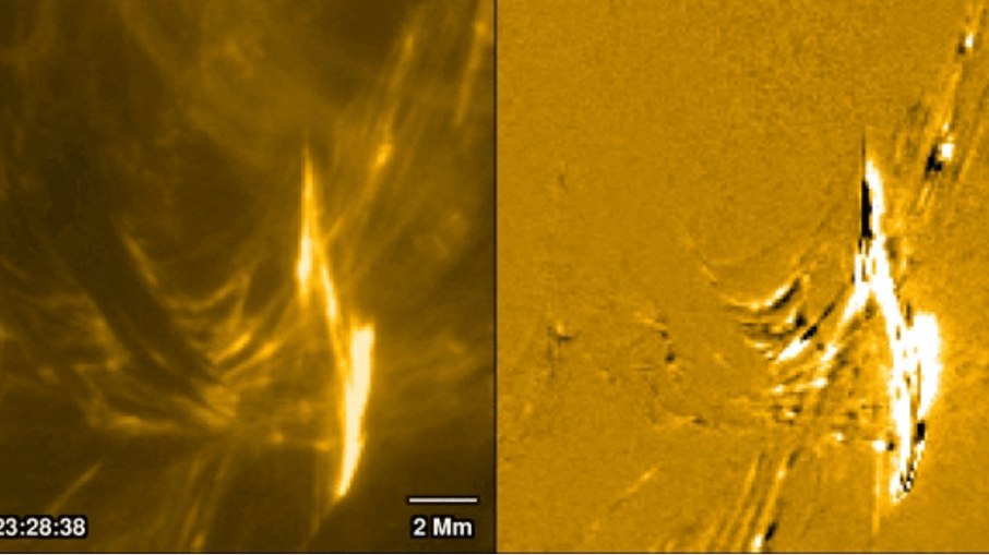 A imagem mostra o momento em que linhas de campo magnético se rompem e se reconectam no Sol, liberando energia e dando início a uma explosão solar. A imagem mostra o momento em que linhas de campo magnético se rompem e se reconectam no Sol, liberando energia e dando início a uma explosão solar.