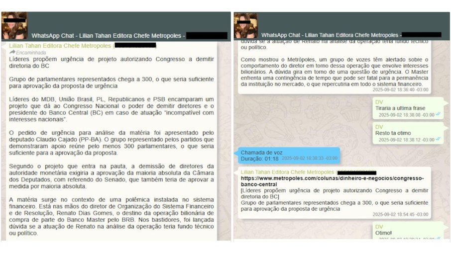 Mensagens trocadas entre Lilian Tahan e Daniel Vorcaro