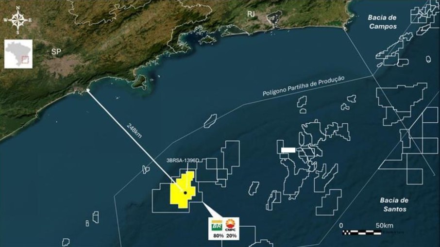 poço 3-BRSA-1396D-SPS está localizado a 248 km da cidade de Santos poço 3-BRSA-1396D-SPS está localizado a 248 km da cidade de Santos