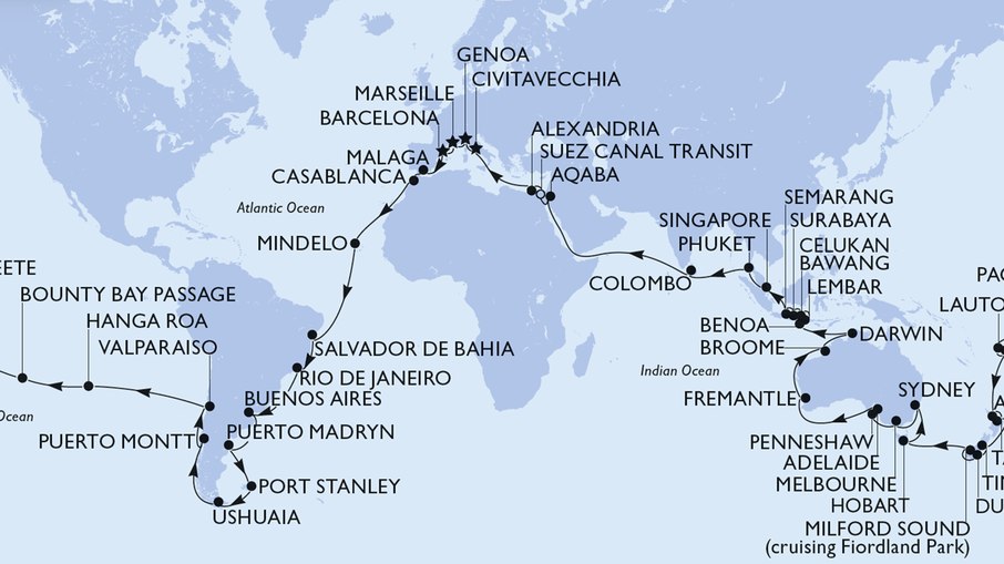 Itinerário do MSC World Cruise 2029 Itinerário do MSC World Cruise 2029