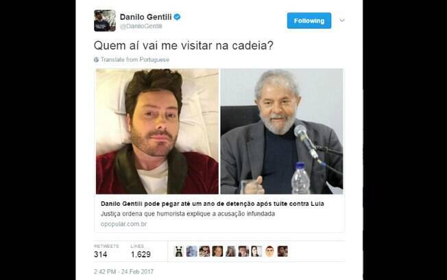No Twitter, Danilo Gentili voltou a ironizar o processo movido pela defesa do ex-presidente Luiz Inácio Lula da Silva