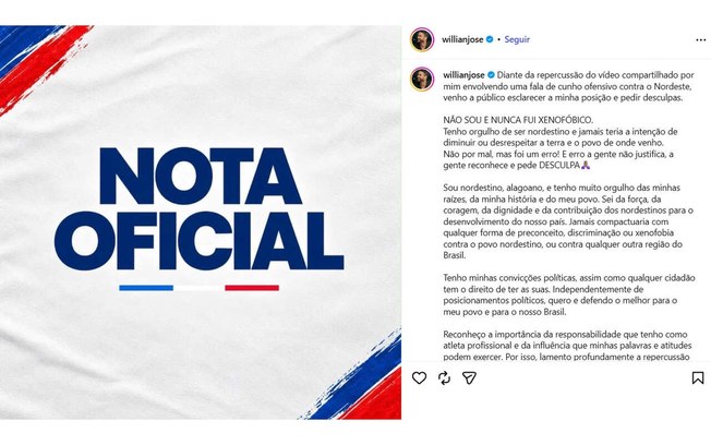 Willian José pediu desculpas por meio de uma nota nas redes sociais Willian José pediu desculpas por meio de uma nota nas redes sociais