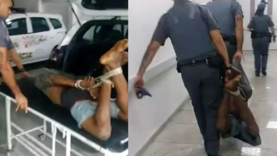 Policiais carregando homem amarrado na UPA