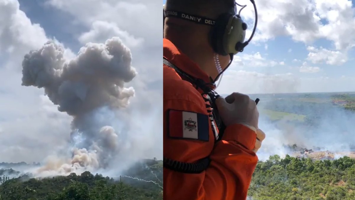 Equipe do Samu sobrevoando área da explosão