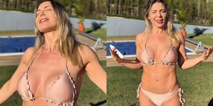 Sheila Mello surge de biquíni nude e exibe boa forma aos 47 anos