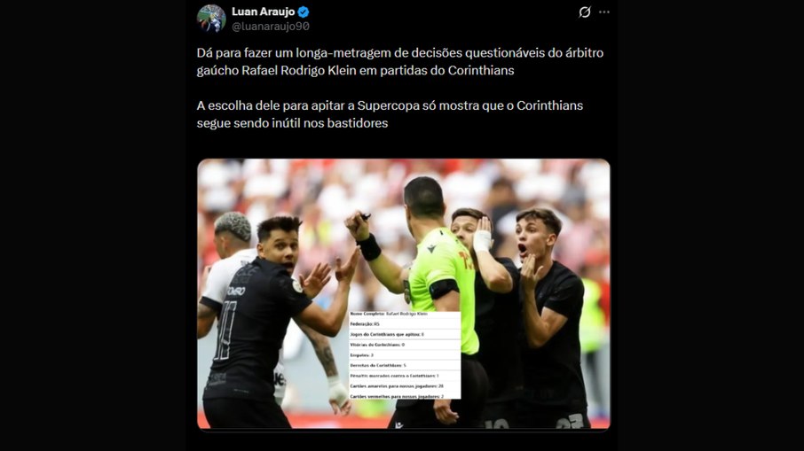 Rafael Klein como juiz da Supercopa do Brasil indigna torcida do Corinthians