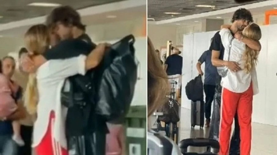 Grazi Massafera e Marlon Teixeira aos beijos no aeroporto 