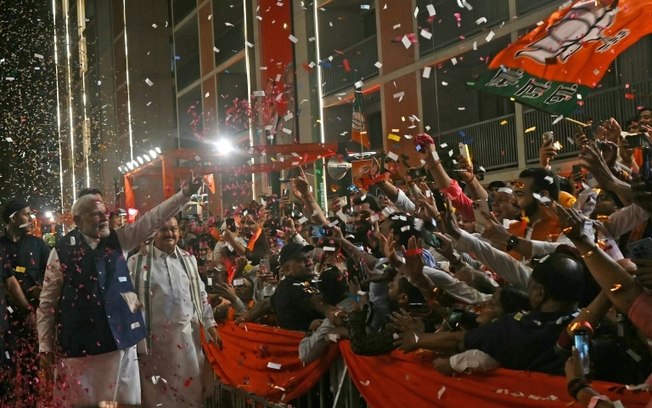 O primeiro-ministro Narendra Modi na sede do Bharatiya Janata Party (BJP) em Nova Délhi, Índia, em 4 de junho de 2024