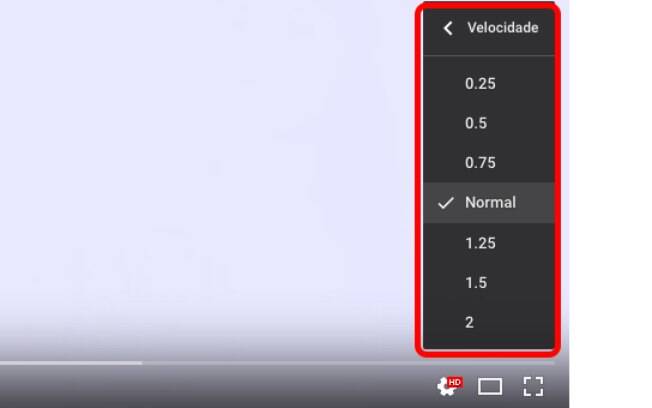 Um menu irá se expandir disponibilizando diferentes opções de velocidade para o seu vídeo. 