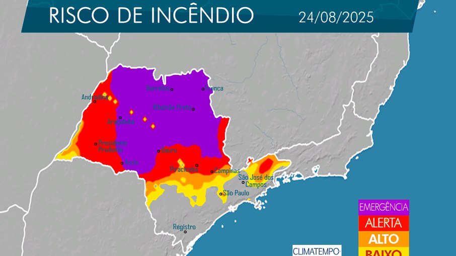 Mapa do Fogo com risco de incêndio para 24 de agosto