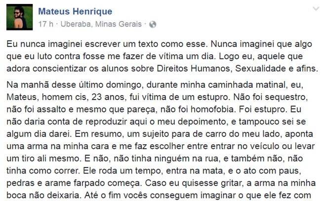 Estudante de biologia relata estupro e agressões sofridas em Uberada, Minas Gerais, pelo Facebook