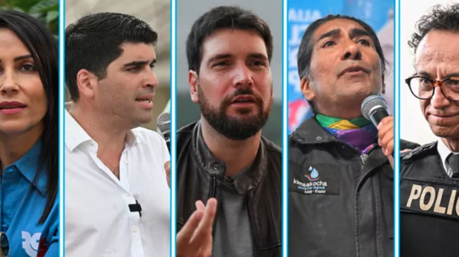 Da esquerda para a direita: Luisa González, Otto Sonnenholzner, Jan Topic, Yaku Pérez e Christian Zurita, candidatos favoritos para as eleições antecipadas no Equador em 20 de agosto de 2023