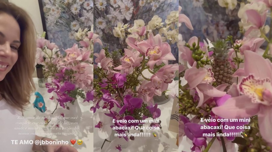 Boninho deu buquê de flores com abacaxi para Ana Furtado