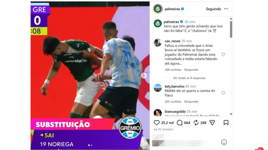 Postagem do Palmeiras sobre falta em Flaco López Postagem do Palmeiras sobre falta em Flaco López