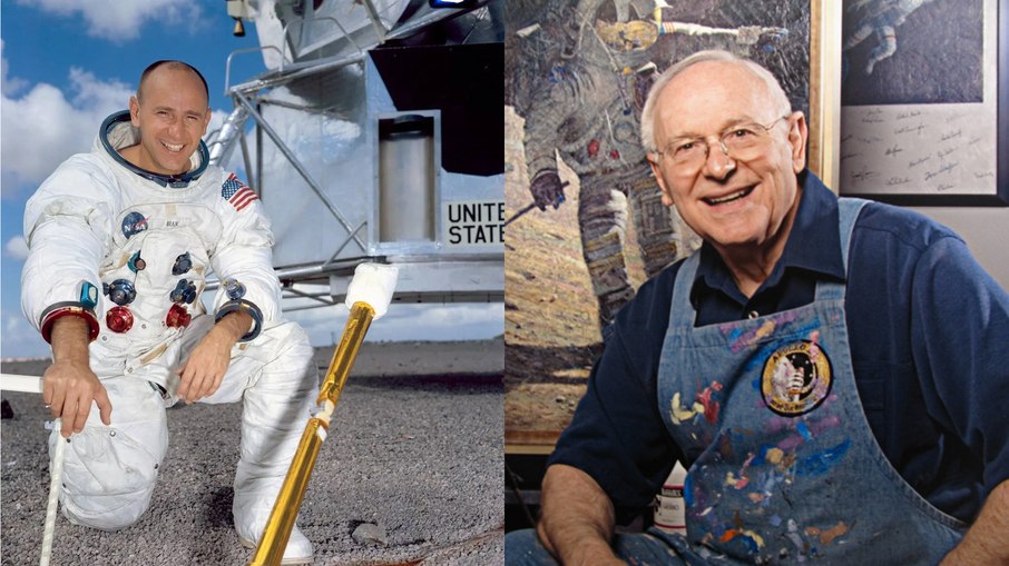 Alan Bean, piloto do módulo lunar da Apollo 12, em imagem da missão à Lua e, anos depois, já como artista, transformando sua experiência no espaço em pintura.