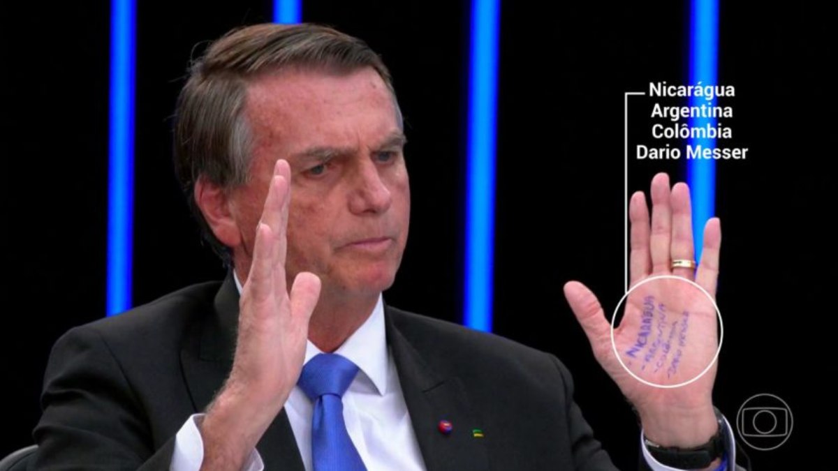 Mão de Bolsonaro com as palavras 'Nicarágua', 'Argentina', 'Colômbia' e 'Dario Messer', nos estúdios da TV Globo, no Rio