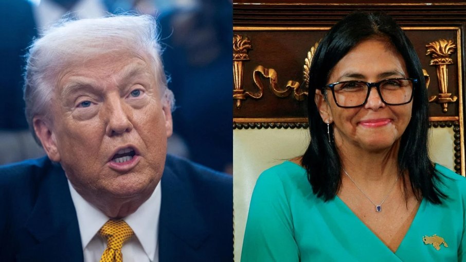O presidente dos Estados Unidos, Donald Trump, e a presidente interina da Venezuela, Delcy Rodríguez