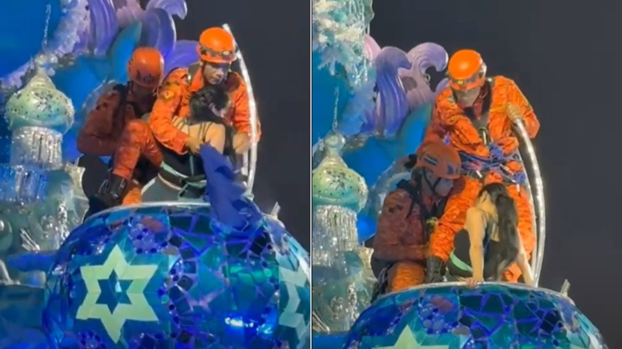 Bombeiros resgatam integrante da Grande Rio durante desfile na Sapucaí Bombeiros resgatam integrante da Grande Rio durante desfile na Sapucaí